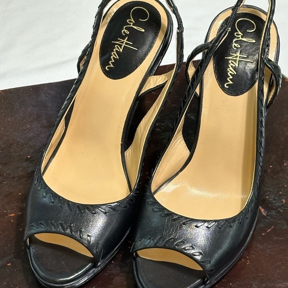 Cole Haan Women's Black Slingback Peep Hole Wedges Leather New - Picture 1 of 8